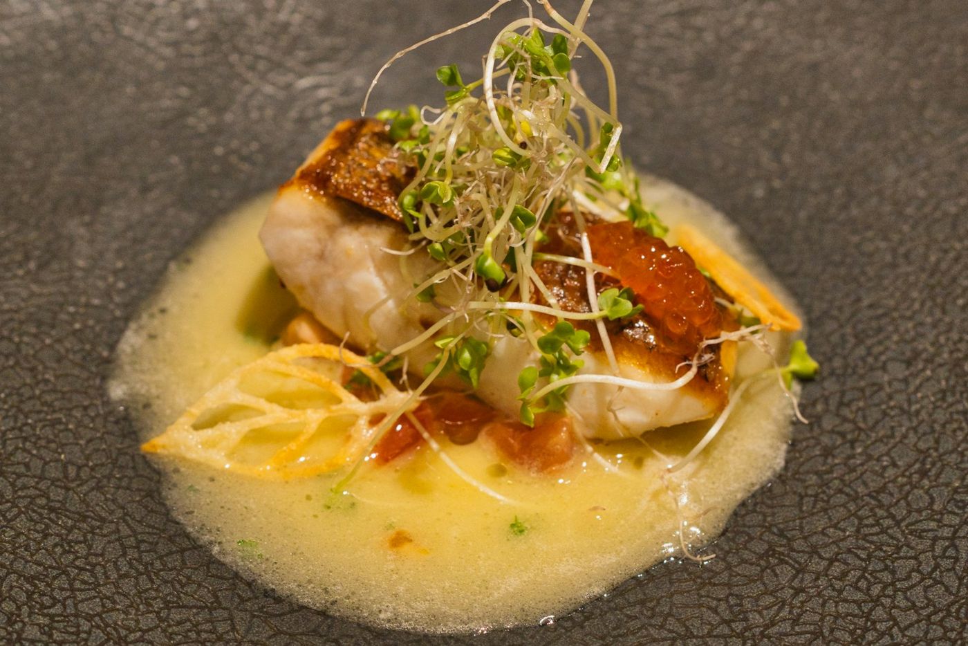 Crisp-skin Murray cod with charred sprouts and brown butter sauce